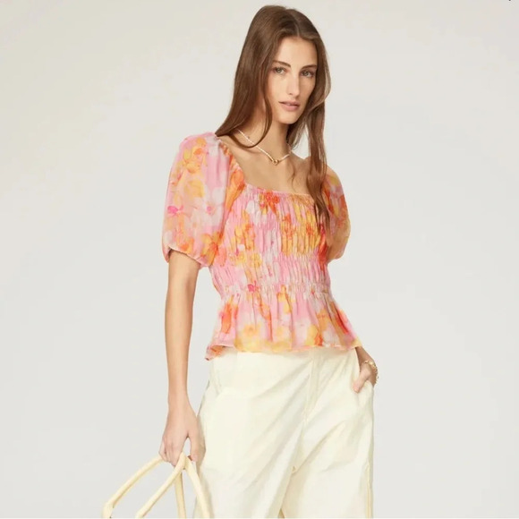 Louna Tops - Louna Orange Floral Puff Sleeve Smocked Top - Size Small